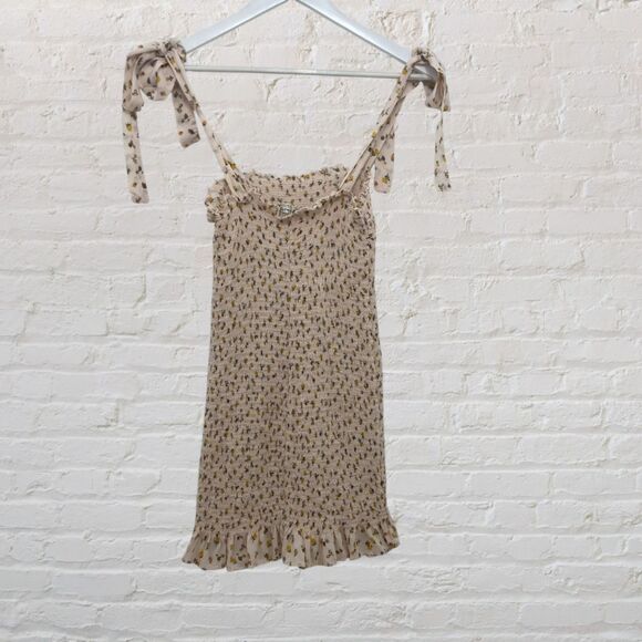 Free People Intimately Bella Smocked Dress S  Ivory Floral Mini Tie Straps Boho - Picture 3 of 16